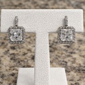 Elegant Sterling Silver Square Earrings CZ Stones
